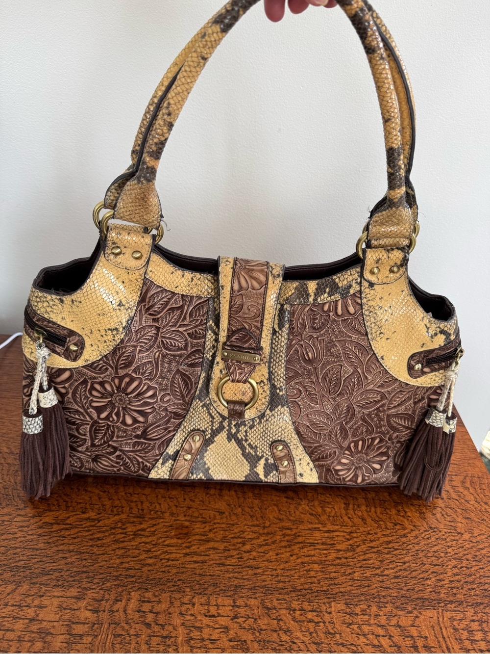 Sharif Studio Embossed Floral & Snakeskin Leather Satchel